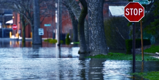 Flooded Street of Des Plains City. Spring River Flood. Des Plains, IL, USA. Nature Disasters Photo Collection.